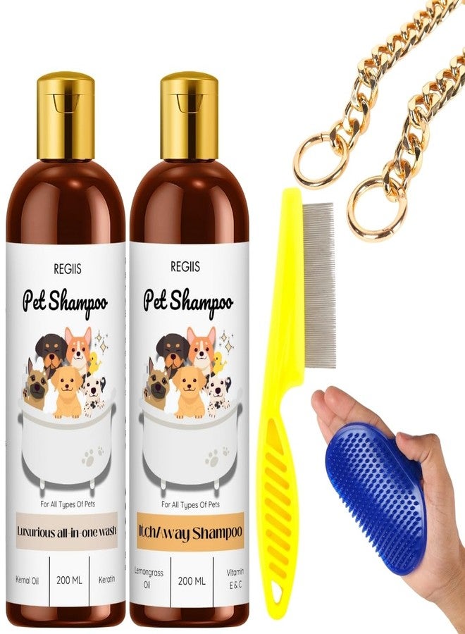 مجموعة ريجيس للعناية بالحيوانات الأليفة، تتضمن شامبوهين (200 مل لكل منهما)، وفرشاة ومشط، وسلسلة معدنية ذهبية اللون. - Image 1